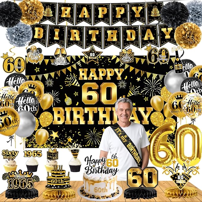 partyjju`s 58PCS 60th Birthday Decorations for Men Women, 60th Black Gold Party Supplies Backdrop, Honeycomb Centerpieces, Banner, Hanging Swirls, Foil & Latex Balloon, Cake & Cupcake Toppers, Pompons, Sash