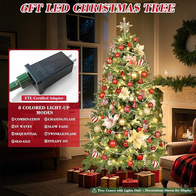 6ft Christmas Tree Prelit w/ 2085 PE & PVC Mixed 'Feel Real' Branch Tips, 400 Warm LED Lights, Hinged Spruce Artificial Xmas Tree with Metal Stand & Bag for Home, Office, Party Décor