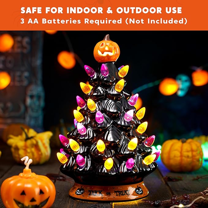 JOYIN 8.5 Inch Halloween Ceramic Tree Black Christmas Tree with Orange Pumpkin Over Multicolor Bulbs LED Light Up Battery Operated Light Up Halloween Decorations for Indoor Party Decor Gifts