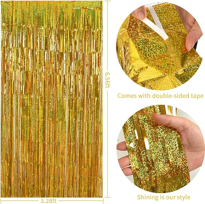 TONIFUL 3Pcs Laser Gold Door Streamers, Metallic Foil Fringe Curtains for Birthday, Christmas, New Year, Bachelorette, Graduation Parties (9.9ft x 6.6ft)