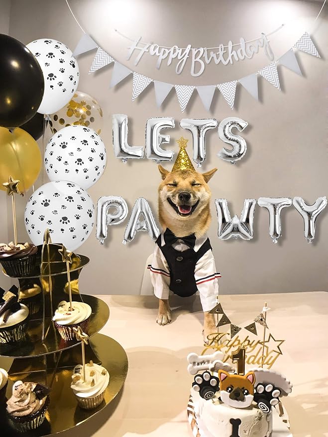 Legendog Dog Birthday Party Supplies Dog Paw Print Balloons Cat Birthday Hat Happy Birthday Banner Foil Balloons Lets Pawty Letters Balloons Decorations