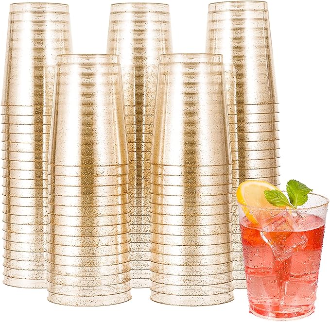 JOLLY CHEF 100 Pack 10 oz Gold Plastic Cups, Disposable Gold Glitter Cups, Clear Plastic Tumblers Perfect for Weddings, Receptions & Parties