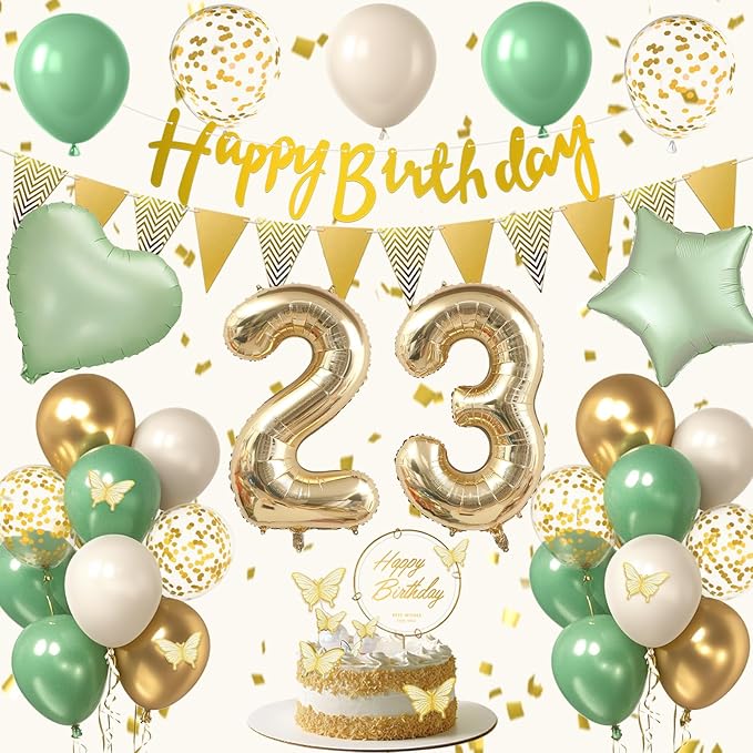 23rd Sage Green Birthday Decorations, Boho Green White Gold Balloons Decorations for Girls, Happy 23 Birthday Party Supplies with Happy Birthday banner, Number Foil Balloon, Butterfly Cake Topper