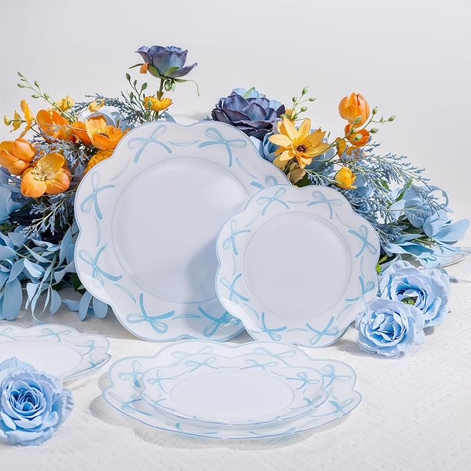 LIYH 60 Pcs Blue Bow Plastic Plates for Party - Blue Bow Knot Scalloped Plastic Plate Disposable Plates Set for Wedding Bridal Shower - 10.25" Dinner & 7.5" Dessert Plate