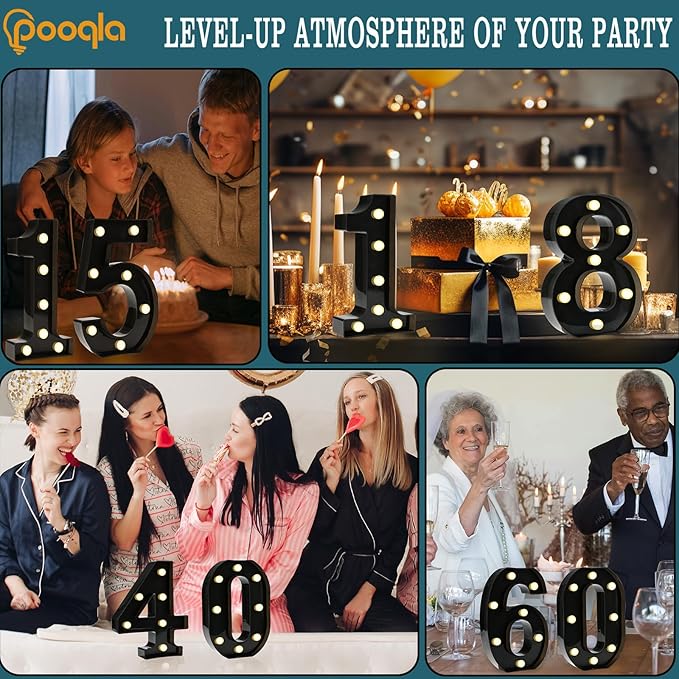 Pooqla Decorative Led Light Up Number Letters, Black Plastic Marquee Number Lights Sign for 10th Birthday Party Wedding Decor Battery Operated Black Decoration 10