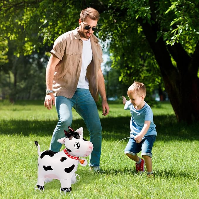 Walking Dairy Cow Foil Balloons With Wheels Standing pet Dairy Cow animal balloon Cute Ox Mylar Balloons for Jungle Safari baby Shower Animal Theme Birthday Party Decorations Supplies