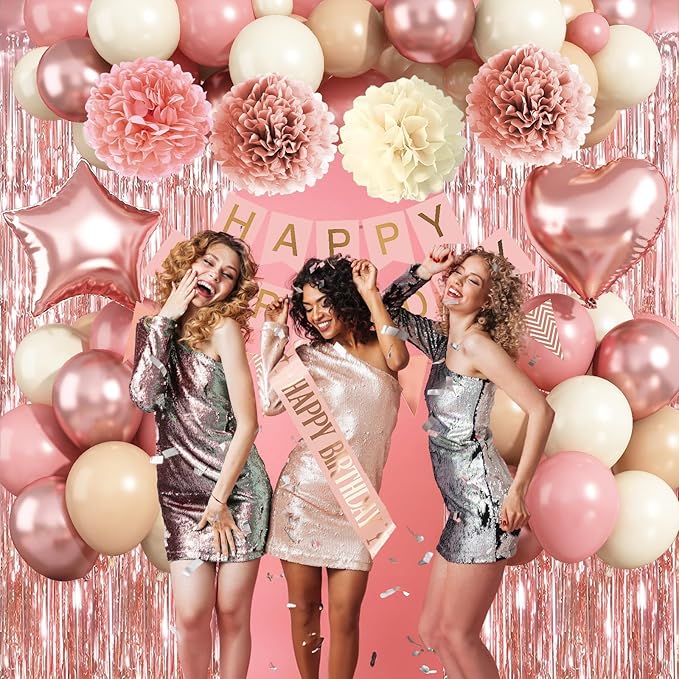 Blush Pink Birthday Decorations, Rose Gold Nude Party Décor with Foil & Latex Balloons Sash Fringe Curtains Happy Birthday Banner Cake Topper Paper Pompoms Party Decor for Women Girl