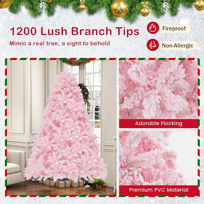 GOFLAME 7FT Pre-Lit Artificial Christmas Tree Snow Flocked, Hinged Xmas Tree with 1200 PVC Branch Tips, 500 LED Lights & 8 Lighting Modes, Holiday Decoration Tree for Home, Office, Party, Pink