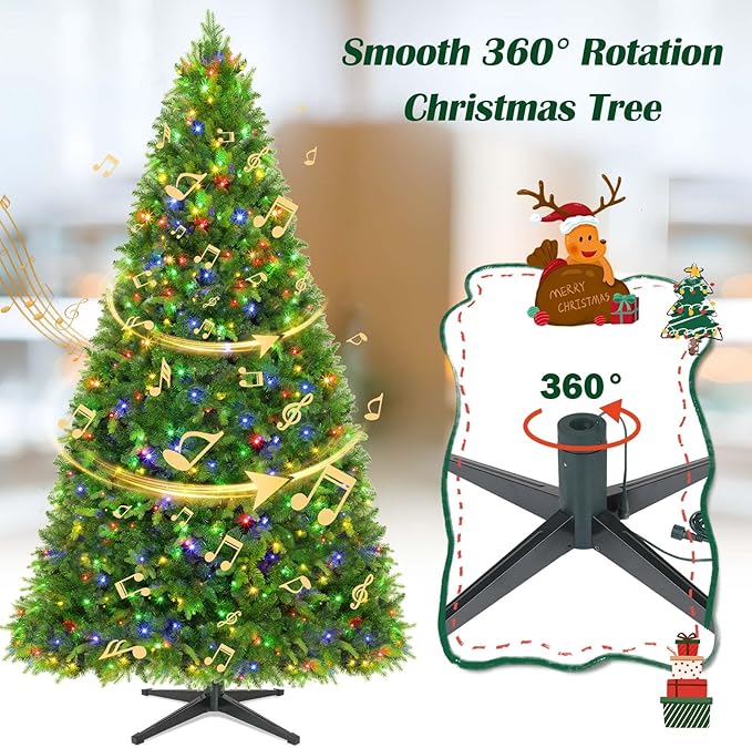 Artificial Full Christmas Tree, Rotating & Foldable Stand, 9ft Pre-Lit Spruce Holiday Xmas Musical Tree with Remote, RGB & Warm White Light, Green