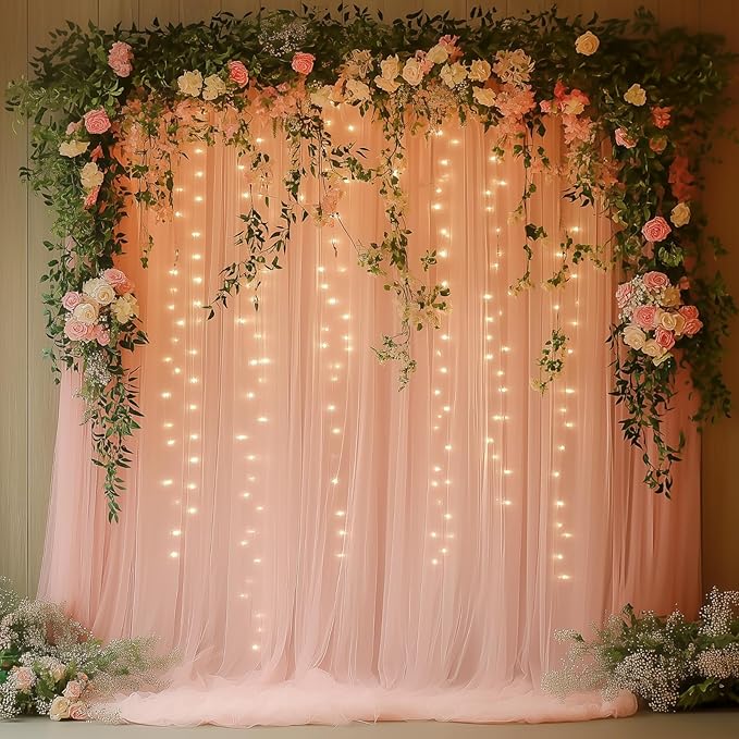 Pink Tulle Backdrop Curtain with Lights String - 10x10ft Sheer Backdrop with 300 LEDs for Wedding, Baby Shower, Bridal Shower, Birthday Party Photo Shoot Background and Home Decorations