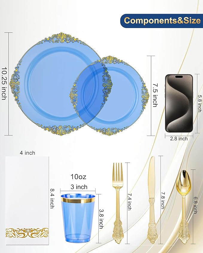 Nervure 175PCS Clear Blue Plastic Plates - Plastic Dinnerware Set Include 25Dinner Plates, 25Dessert Plates, 25Cups, 25Forks, 25Knives, 25Spoons, 25Napkins Perfect for Wedding & Party