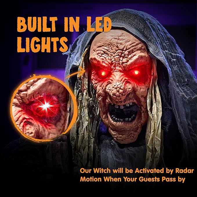 JOYIN 65” Halloween Decorations Outdoor Animatronics Standing Hunchback Witch with Light Creepy Sound Decor, Radar Motion Activated Scary Haunted House Prop for Yard Lawn Garden Outside Indoor