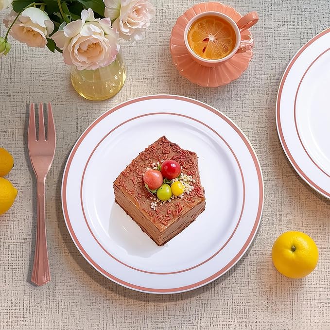 WELLIFE 240 Pieces Rose Gold Plastic Dessert Plates with Disposable Forks, Includes 120 Pcs Appetizers Plates 6.3 inch, 120 Pcs Rose Gold Forks, Perfect for Party and Weddings