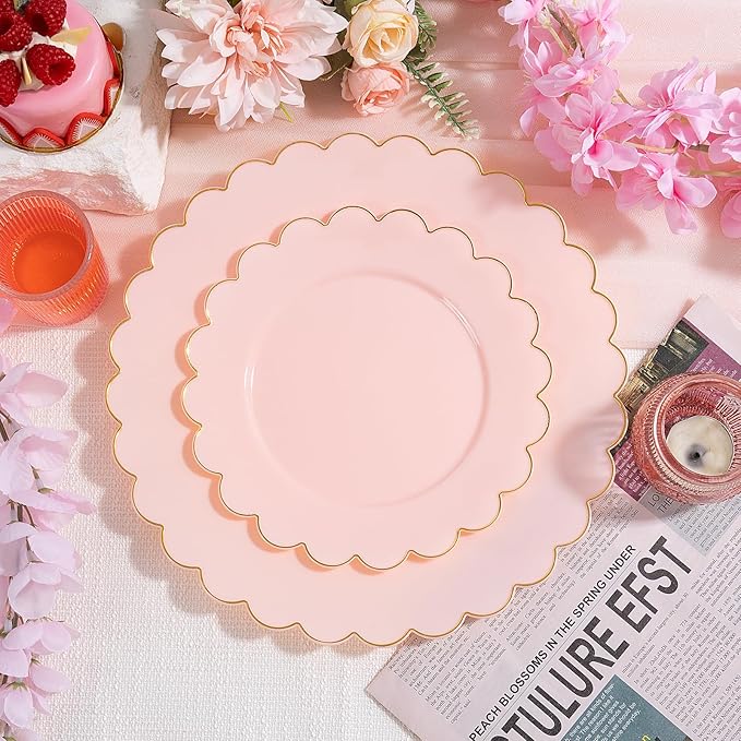 LIYH 120pcs Pink Plates Disposable Heavy Duty Disposable Plates for Party Plate Includes: 60 Dinner 10.25" & 60 Dessert Plate 7.5" Elegant Gold Rim Suitable for Bridal Shower Birthday Pink Party Decor