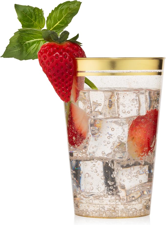 Perfect Settings 100 Premium 12oz Hard Plastic Cups Clear Glitter Gold Plastic Double Colored Rimmed Cups Fancy Disposable Wedding Cups Elegant Party Cups with Twin Colored Rim (Glitter Gold Rim, 12)
