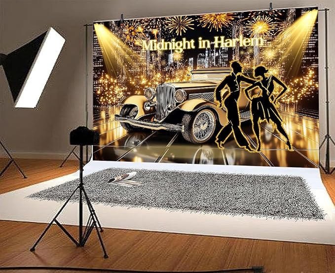 6X6ft Roaring 20s Party Photo Backdrop Photography Background, Great Gatsby Black and Gold 1920s Speakeasy Party Backdrops Photo Booth Prop Decorations Wall Decor Tablecloth