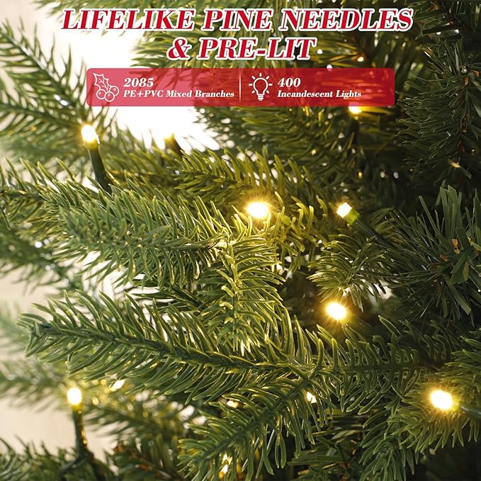 6ft Christmas Tree Prelit w/ 2085 PE & PVC Mixed 'Feel Real' Branch Tips, 400 Warm LED Lights, Hinged Spruce Artificial Xmas Tree with Metal Stand & Bag for Home, Office, Party Décor
