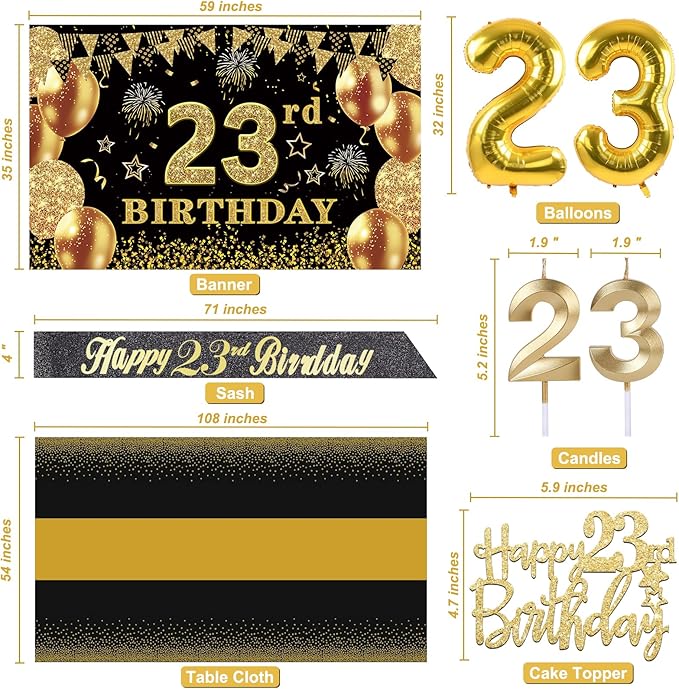 23rd Birthday Decorations Men Women with 23rd Birthday Banner, Black and Gold Table Cloth, Number Balloons, Large Sash, Cake Topper and Candles