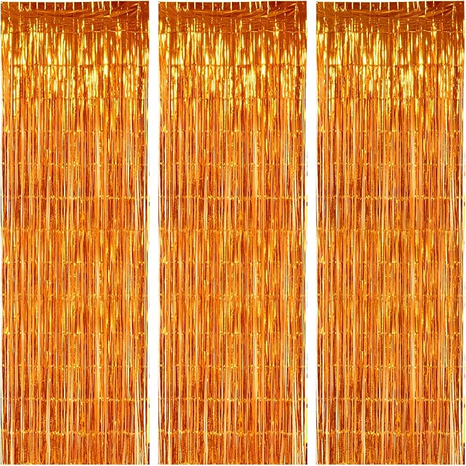 TONIFUL 3Pcs Orange Door Streamers,Photo Booth Backdrop Metallic Streamers Foil Fringe Curtains for Halloween Thanksgiving New Year Bachelorette Birthday Party Streamers Decor(9.9ft x 6.6ft)