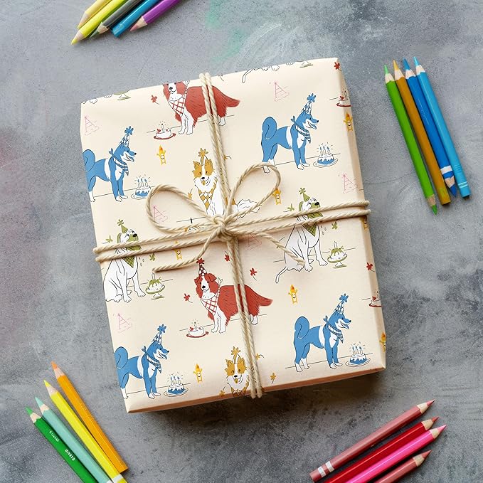 RiukRaiu Dog Wrapping Paper for Birthday - Yellow Gift Wrap Dessert Cake Candles Birthday Hat Akita Corgi Shepherd for Party, Holiday – 4 Folded Sheets 28 X 40 Inch, Easy to Store