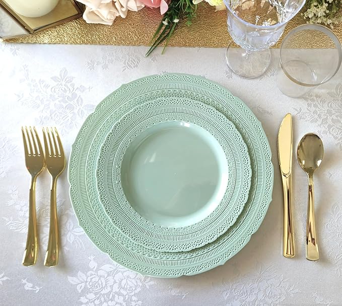 " OCCASIONS " 120 Plates Pack,(60 Guests) Extra Heavyweight Vintage Wedding Disposable/Reusable Plastic Plates 60 x 11'' Dinner + 60 x 8.25'' Salad/Dessert Plate (Chateau in Mint)