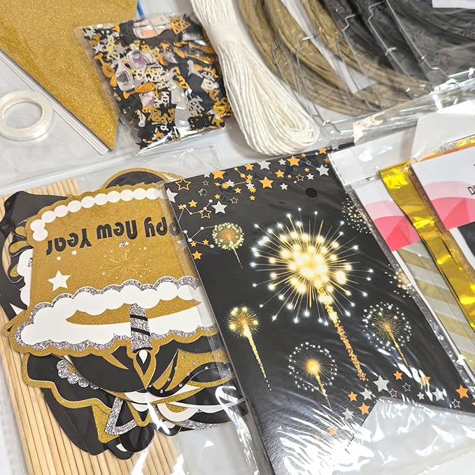 2026 New Years Eve Party Decorations Set, 62 Pieces, Black and Gold Banner, Triangle Flags, Paper Lanterns, Tassels, Photo Props