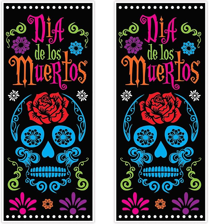 Beistle Day of The Dead Door Covers, 6’ x 30”, 2 Pieces – Plastic for Indoor & Outdoor Use – Easily Display – Mexican Themed Front Door Covers, Dia de los Muertos Party Supplies