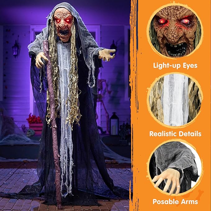 JOYIN 65” Halloween Decorations Outdoor Animatronics Standing Hunchback Witch with Light Creepy Sound Decor, Radar Motion Activated Scary Haunted House Prop for Yard Lawn Garden Outside Indoor