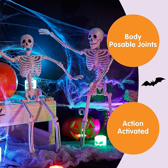 JOYIN 2PCS 16" Halloween Skeleton Decor, Full Body Stayable Movable Joints, Posable Hanging Skeletons for Halloween Decoration, Yard, Graveyard, Haunted House Props, Spooky Scene Party Favor