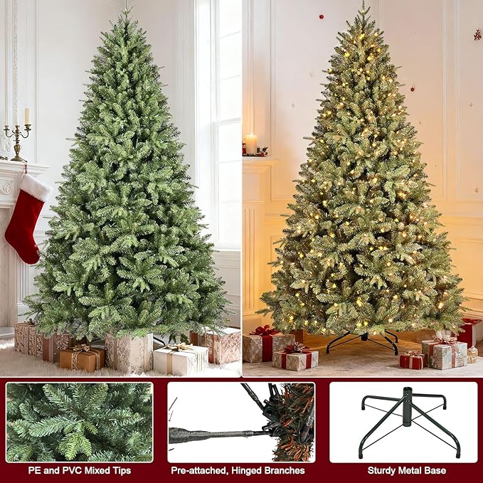 9FT Pre-Lit Artificial Christmas Tree with 3658 PE&PVC Mixed Branch Tips, 850 Warm White Lights, Hinged Premium Spruce Fake Xmas Trees, Green, Foldable Base