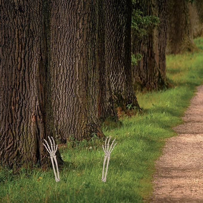 Beistle 2 Piece 17.5" Spooky Theme Plastic Skeleton Hand Yard Stakes, Scary Halloween Lawn Decorations, Celebrating With You Since 1900