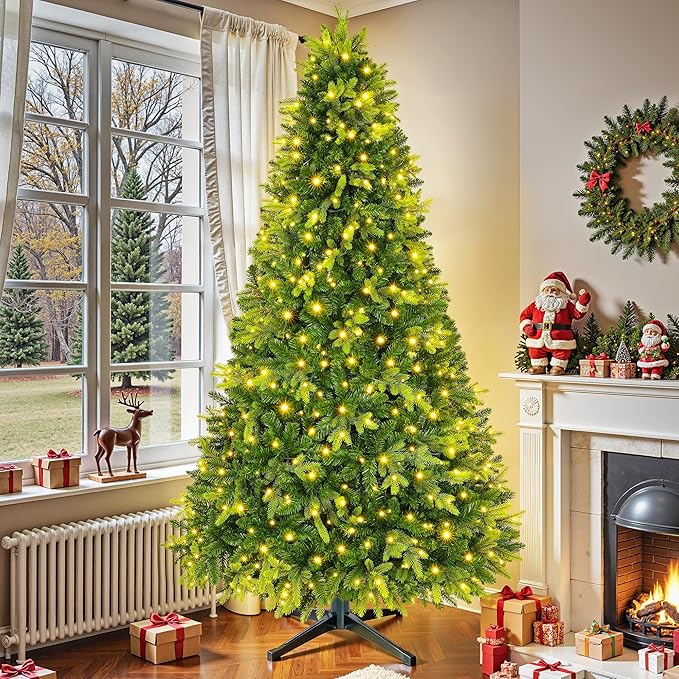 Artificial Full Christmas Tree, Rotating & Foldable Stand, 9ft Pre-Lit Spruce Holiday Xmas Musical Tree with Remote, RGB & Warm White Light, Green