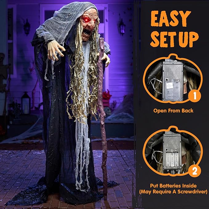 JOYIN 65” Halloween Decorations Outdoor Animatronics Standing Hunchback Witch with Light Creepy Sound Decor, Radar Motion Activated Scary Haunted House Prop for Yard Lawn Garden Outside Indoor