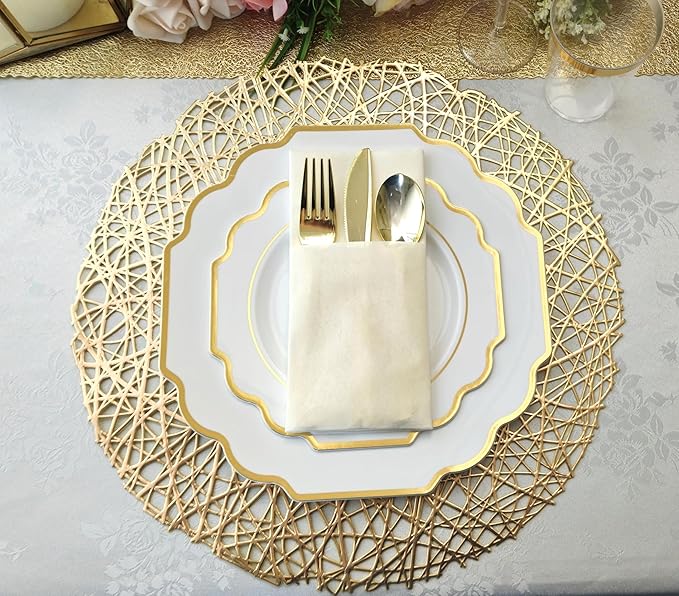 " OCCASIONS " 120 Plates Pack,(60 Guests) Heavyweight Wedding Party Disposable Plastic Plates Set -60 x 10.5'' Dinner + 60 x 8'' Salad/Dessert Plate (Imperial White & Gold)