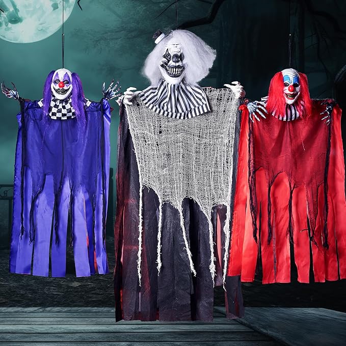 JOYIN 3 Pcs Hanging Clown Decor Halloween Decorations Outdoor, Party Supplies Props Haunted House Front Porch Yard Garden Lawn Patio Scary Horror
