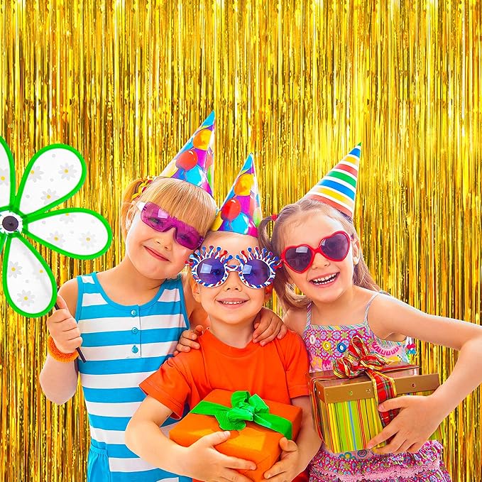 BTSD-home Gold Foil Fringe Curtain, Metallic Photo Booth Backdrop Tinsel Door Curtains for Wedding Birthday Bridal Shower Baby Shower Bachelorette Christmas Party Decorations(4 Pack, 8ft x 3ft)