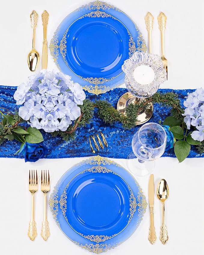 Nervure 175PCS Clear Blue Plastic Plates - Plastic Dinnerware Set Include 25Dinner Plates, 25Dessert Plates, 25Cups, 25Forks, 25Knives, 25Spoons, 25Napkins Perfect for Wedding & Party