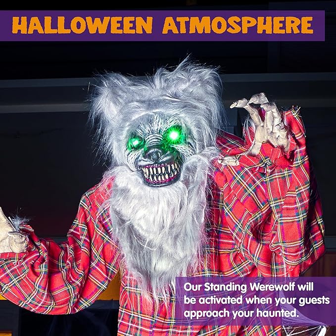 JOYIN 65" Halloween Decoration Outdoor Standing Werewolf Animatronics Clearance, Life Size Animated Ghost with LED Eyes and Creepy Sound, for Haunted House Decor Lawn Yard Patio