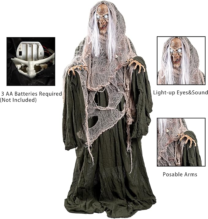 JOYIN 65" Halloween Animatronics Witch Decorations Outdoor with LED Eyes and Creepy Sound, Scary Life Size Animated Decor for Haunted House Lawn Yard