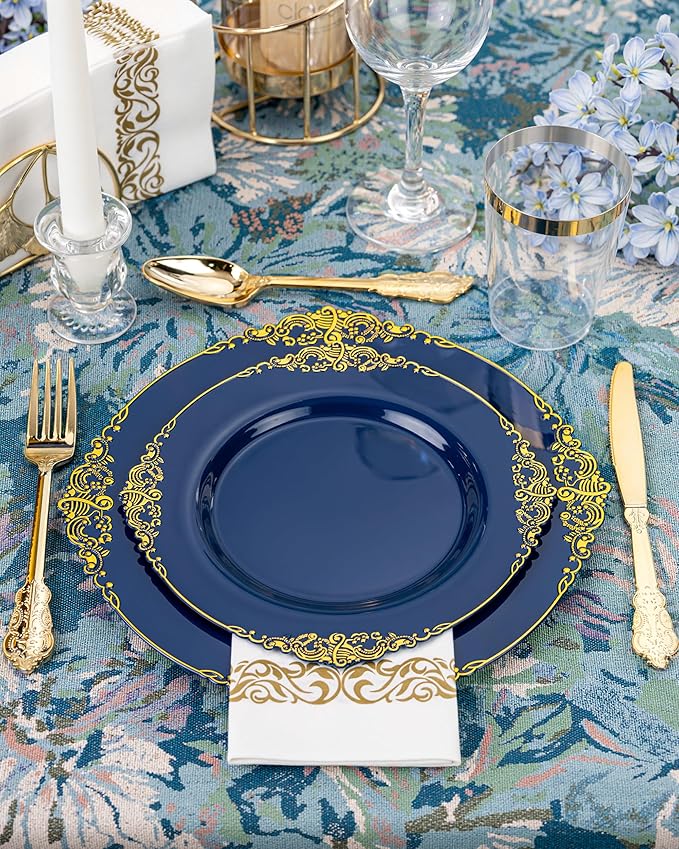Nervure 175PCS Blue Plastic Plates - Blue Gold Plastic Dinnerware Set Disposable Include 50 Plates for Dinner and Dessert, 25Knives, 25Spoons, 25Forks, 25Cups, 25Napkins for Weddings & 4th of July
