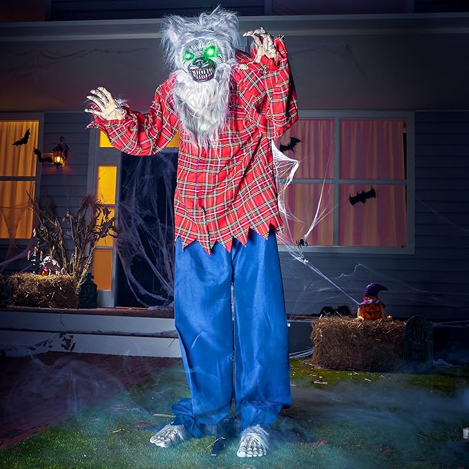 JOYIN 65" Halloween Decoration Outdoor Standing Werewolf Animatronics Clearance, Life Size Animated Ghost with LED Eyes and Creepy Sound, for Haunted House Decor Lawn Yard Patio