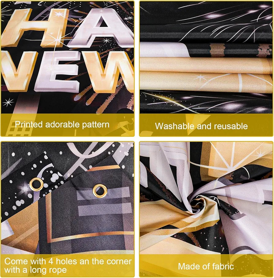 HOWAF Extra Large Happy New Year Banner New Years Backdrop NYE Decorations Silver 2026 Balloons New Year's Eve Backdrop Background for 2026 NYE Decorations New Years Eve Party Supplies 2026