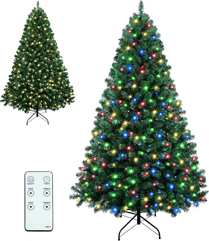 7.5ft Pre-Lit Christmas Tree, 470 LED Warm White & Multicolour Lights, 1420 PVC Branch Tips, Remote Control, 10 Lighting Modes, Foldable Metal Stand, Holiday Decor