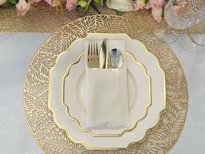 " OCCASIONS " 120 Plates Pack,(60 Guests) Heavyweight Wedding Party Disposable Plastic Plates Set -60 x 10.5'' Dinner + 60 x 8'' Salad/Dessert Plate (Imperial Ivory & Gold)
