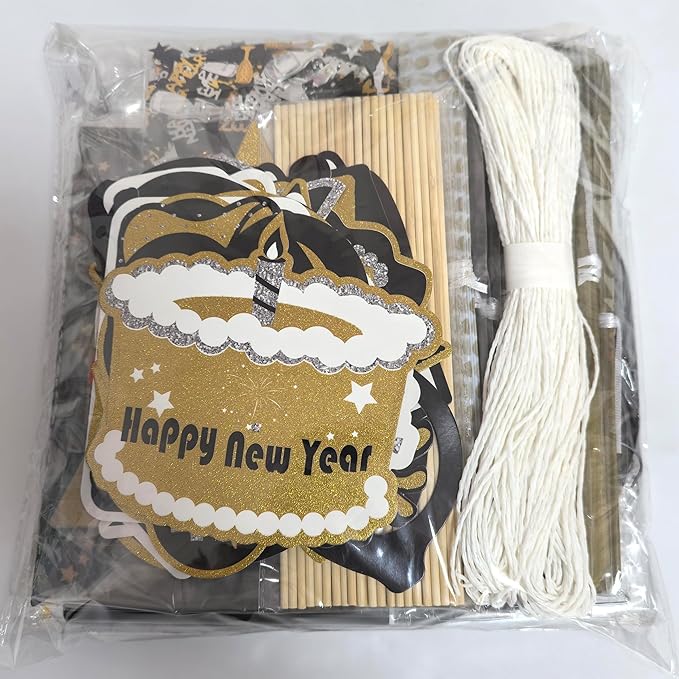 2026 New Years Eve Party Decorations Set, 62 Pieces, Black and Gold Banner, Triangle Flags, Paper Lanterns, Tassels, Photo Props