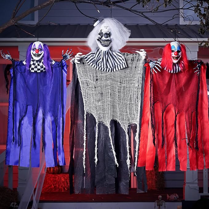 JOYIN 3 Pcs Hanging Clown Decor Halloween Decorations Outdoor, Party Supplies Props Haunted House Front Porch Yard Garden Lawn Patio Scary Horror
