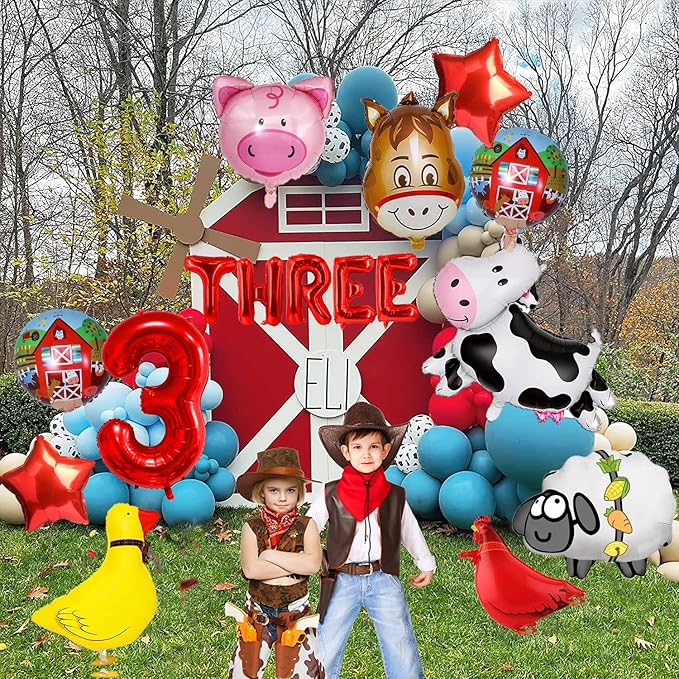 14pcs Farm Animal Balloons (Cow, Sheep, Duck, Rooster, Pig, Donkey) for 3rd Birthday Party Decor, Unisex, Children, Red