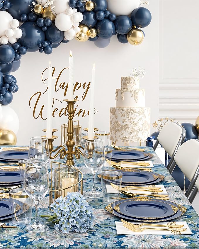 Nervure 175PCS Blue Plastic Plates - Blue Gold Plastic Dinnerware Set Disposable Include 50 Plates for Dinner and Dessert, 25Knives, 25Spoons, 25Forks, 25Cups, 25Napkins for Weddings & 4th of July