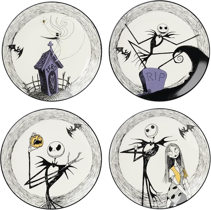 Lenox Dinnerware Set, Nightmare Before Christmas Accent Plates Set For 4, Jack Skellington, Halloween Decor Indoor, Porcelain, Dishwasher Safe, Microwave Safe, Halloween Dishes (White/Black, 4 Pieces)