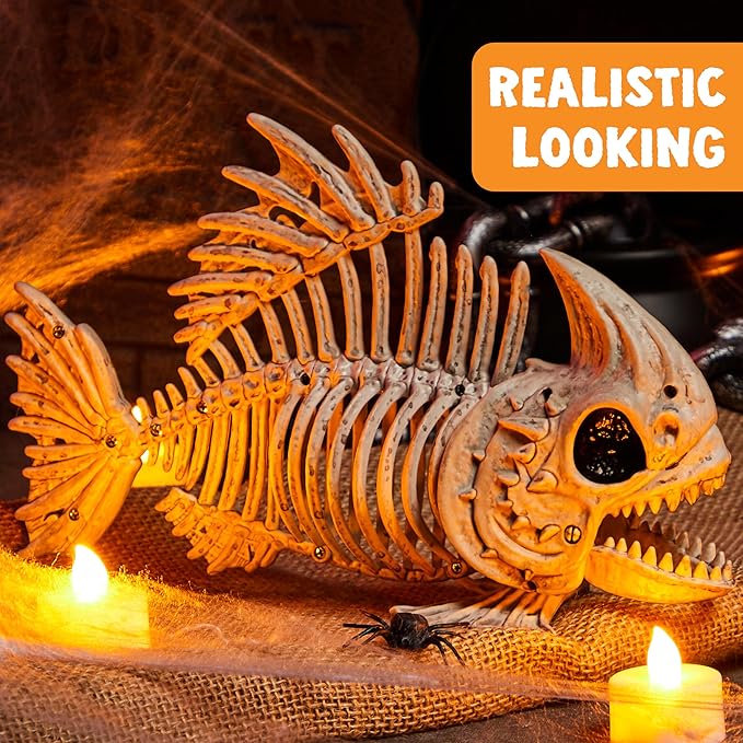 JOYIN 2 PCS 9.5 Halloween Posable Fish Skeleton Decor, Animal Plastic Bones with Posable Joints for Indoor Outdoor Halloween Decorations Party Props, Yard Patio Lawn Garden Props Decor